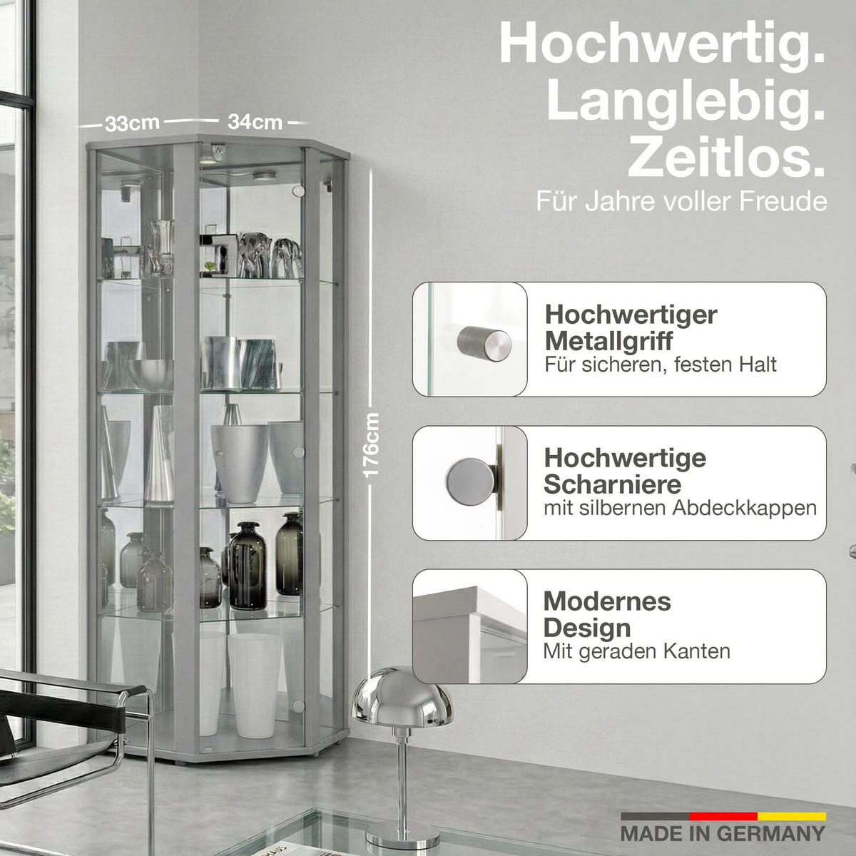 ECKVITRINE 56,5/56,5/176 cm mit Spiegel, LED & Schloss - Transparent/Silberfarben, Glas/Holzwerkstoff (56.5/176/56.5cm) - K-Möbel