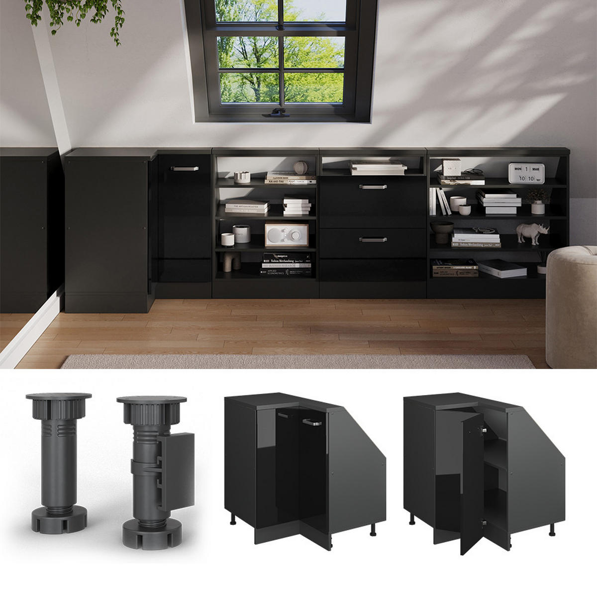 DACHSCHRÄGENSCHRANK ECKSCHRANK Rion Schwarz Hochglanz/Anthrazit 75.6 x 81.6 cm mit 1 Tür - Schwarz Hochglanz/Anthrazit, Holzwerkstoff (75.6/81.6/75.6cm) - Vicco