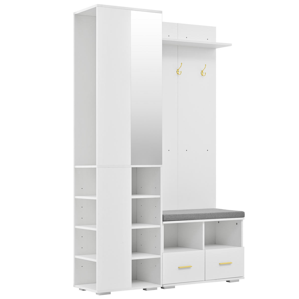 GARDEROBE-SET in Weiß Aufbewahrungsschrank mit Spiegel , Kleiderstange, Schuhbank 3 Haken und 2 Schubladen , B120/T35/H190cm - Weiß, Holzwerkstoff (120/190/35cm) - STILVORA
