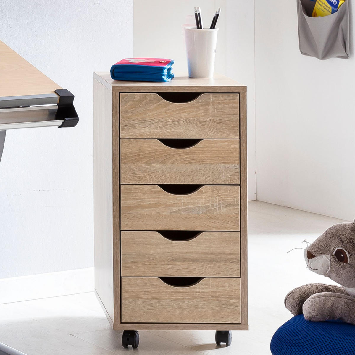 ROLLCONTAINER – MDF-Holz, Sonoma, 5 Schubladen, Rollen, für Büro oder Wohnzimmer - Beige/Schwarz, Holz/Kunststoff (38/64/33cm) - KADIMA DESIGN