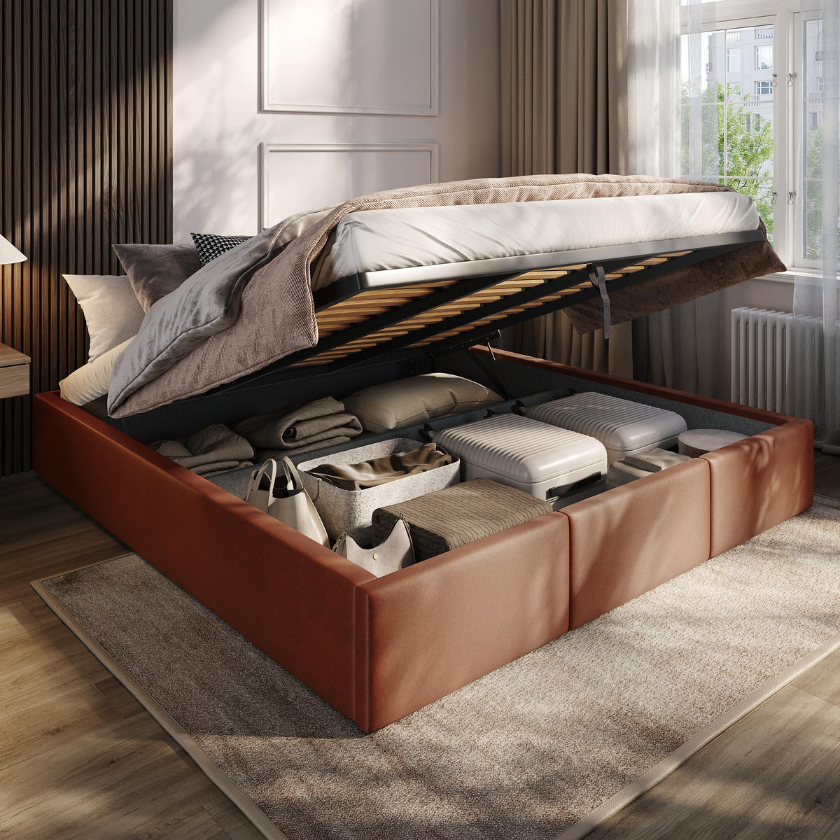 POLSTERBETT für Schlafzimmer Bett mit Stauraum Honigfarbe 180x200cm - Orange/Braun, Holzwerkstoff/Textil (180/200cm) - Muralo