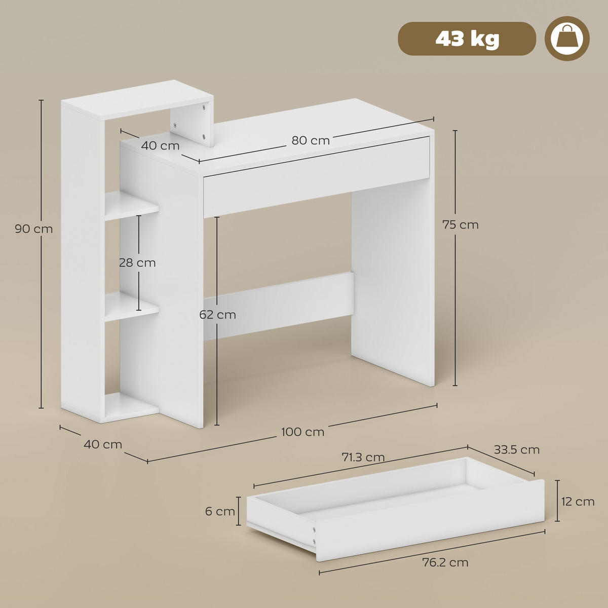 BÜROTISCH Weiß 1 Stück - Weiß, Holzwerkstoff (40/100/90cm) - GiPP