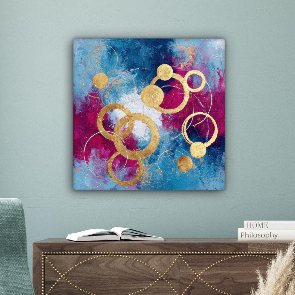 LEINWANDBILD Kreise - Gold - Abstrakt Wandbild Wohnzimmer 50x50 cm - Blau, Textil (50/50cm) - MuchoWow