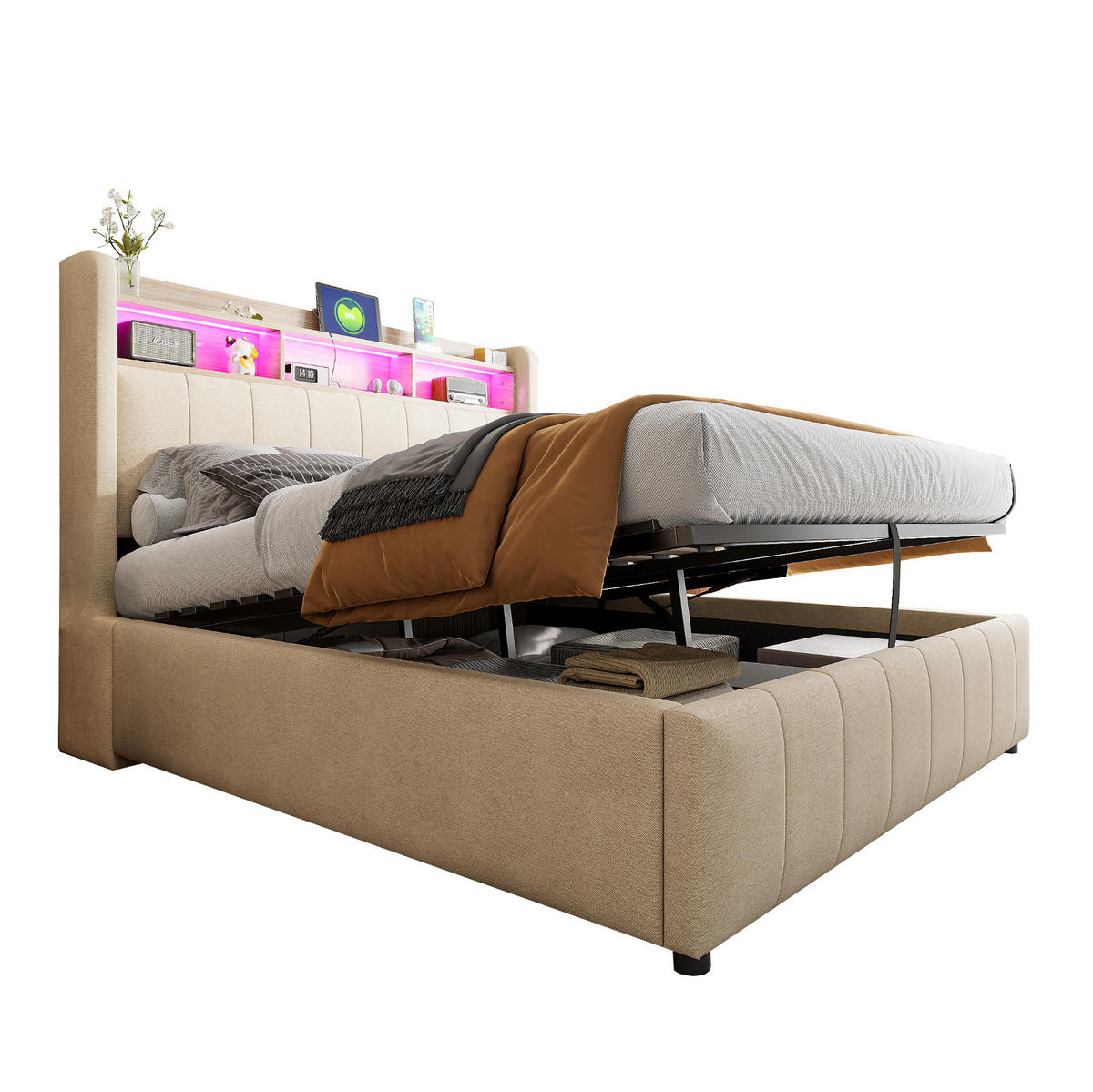 POLSTERBETT 140/200 cm mit Bettkasten, LED-Beleuchtung und USB in Beige - Beige, Textil (140/200cm) - BEAOK