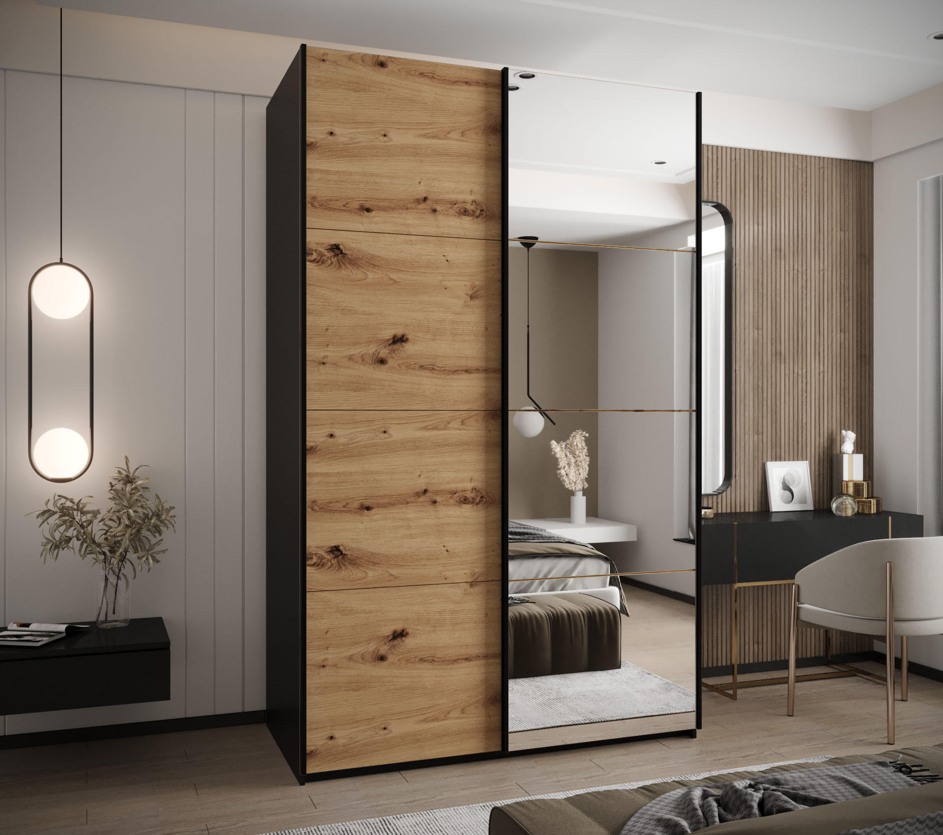 SCHWEBETÜRENSCHRANK 245,5/160/64 2-türig - Schwarz/Eiche Artisan, Holz/Metall (160/245/64cm) - Abiks Möbel