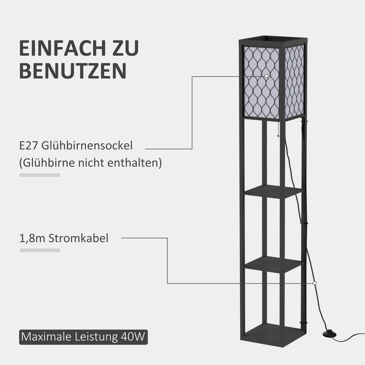 STEHLEUCHTE Beleuchtung mit 3 Regalen E27 bis 40W für Wohn-/Schlafzimmer Holz - Schwarz, Glas (26/26/160cm) - HOMCOM
