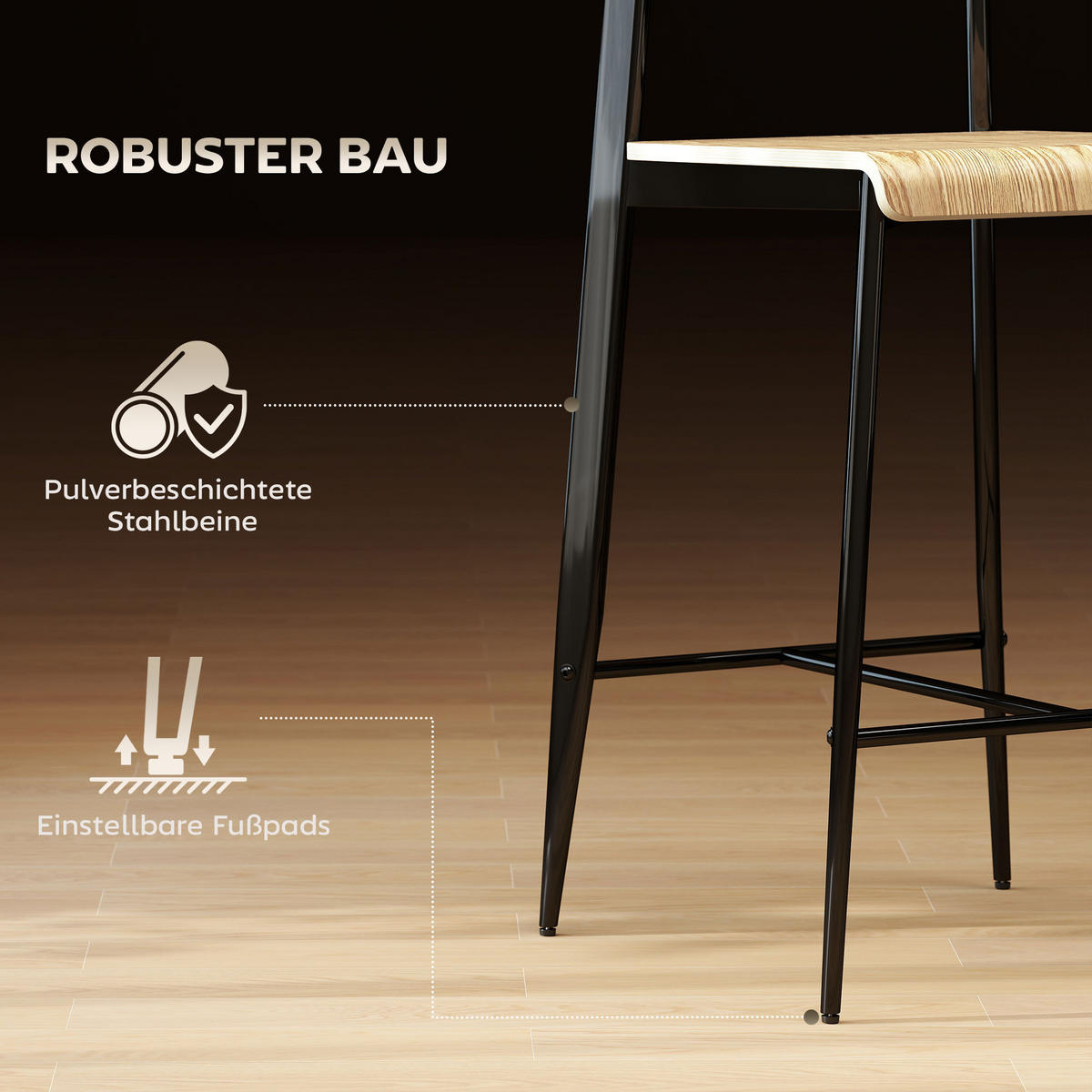 BARHOCKER 2er Set, Barstuhl mit Metallgestell, Küchenstuhl mit Sitzhöhe 66 cm - Naturfarben, Metall (43/103/55cm) - HOMCOM