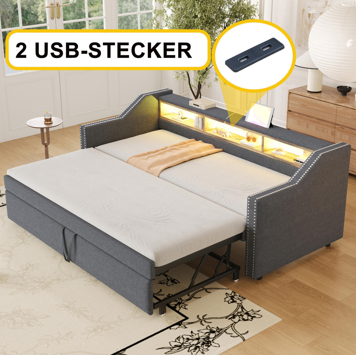 BETT aus Leinen 90/180x190 cm Dunkelgrau mit Ausziehbett, LED, USB und 3 Ablagefächern - Dunkelgrau, Textil (90/190cm) - Modfu