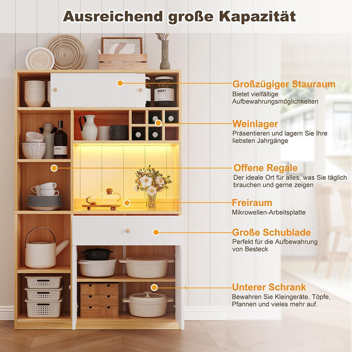BUFFET mit LED B115×T35×H180cm,Weiß+Natur - Naturfarben, Holz (35/180/115cm) - KOMHTOM