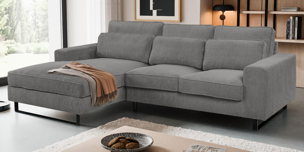 SOFA grau Cord 276 cm, Ecksofa 4-Sitzer, L-Sofa Ottomane links - Schwarz/Grau, Holz/Textil (276/183cm) - Inn.Furn