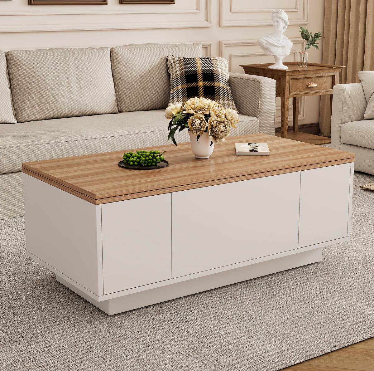 COUCHTISCH aus Spanplatte 100x50x55,5 cm Weiß mit Holzoptik, Doppel-Hebemechanismus und Stauraum - Weiß, Holzwerkstoff (100/50/55.5cm) - IVMEU