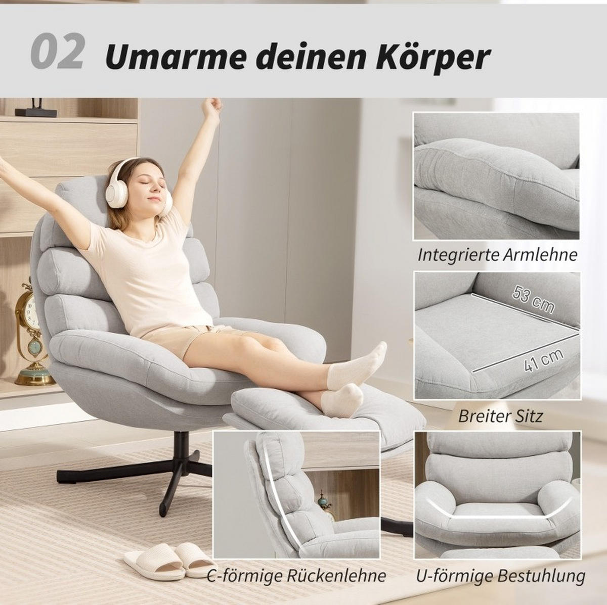 RELAXSESSEL 78/93/100 cm cremeweiß aus Polyester mit Hocker - Creme, Textil (78/100/93cm) - OKWISH