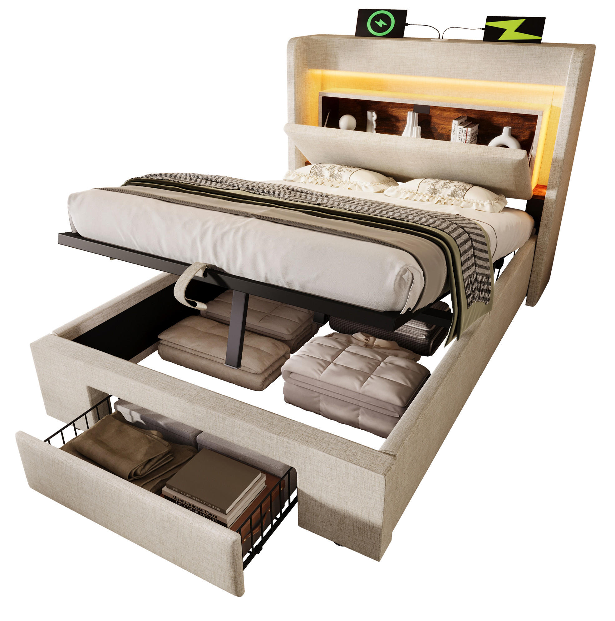 BETT mit Stauraum 90x200 cm Leinen Beige mit Matratze - Beige, Metall (90/200cm) - Meubliv