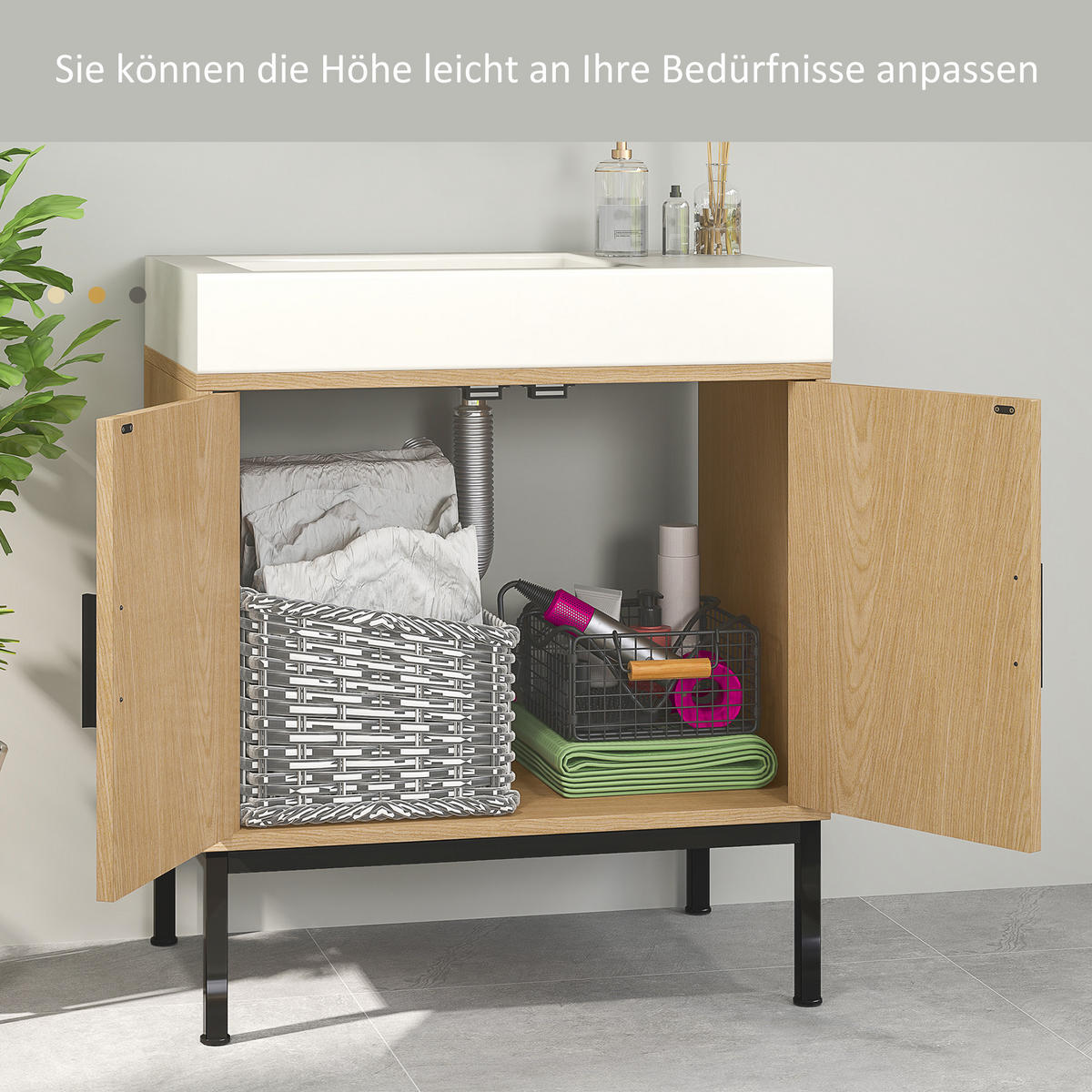 WASCHBECKENUNTERSCHRANK Unterschrank mit Schrankfach, Rattanoptik, Eiche - Eichefarben, Holz (39/60/60cm) - Kleankin