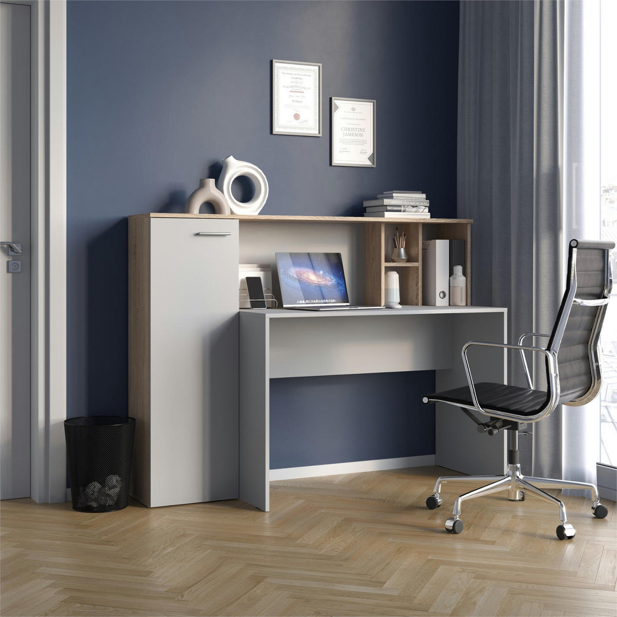 SCHREIBTISCH FAUSKE BRK1-1D Eiche Sonoma Weiß - Silberfarben/Weiß, Holzwerkstoff/Kunststoff (54/153/116cm) - Komodee