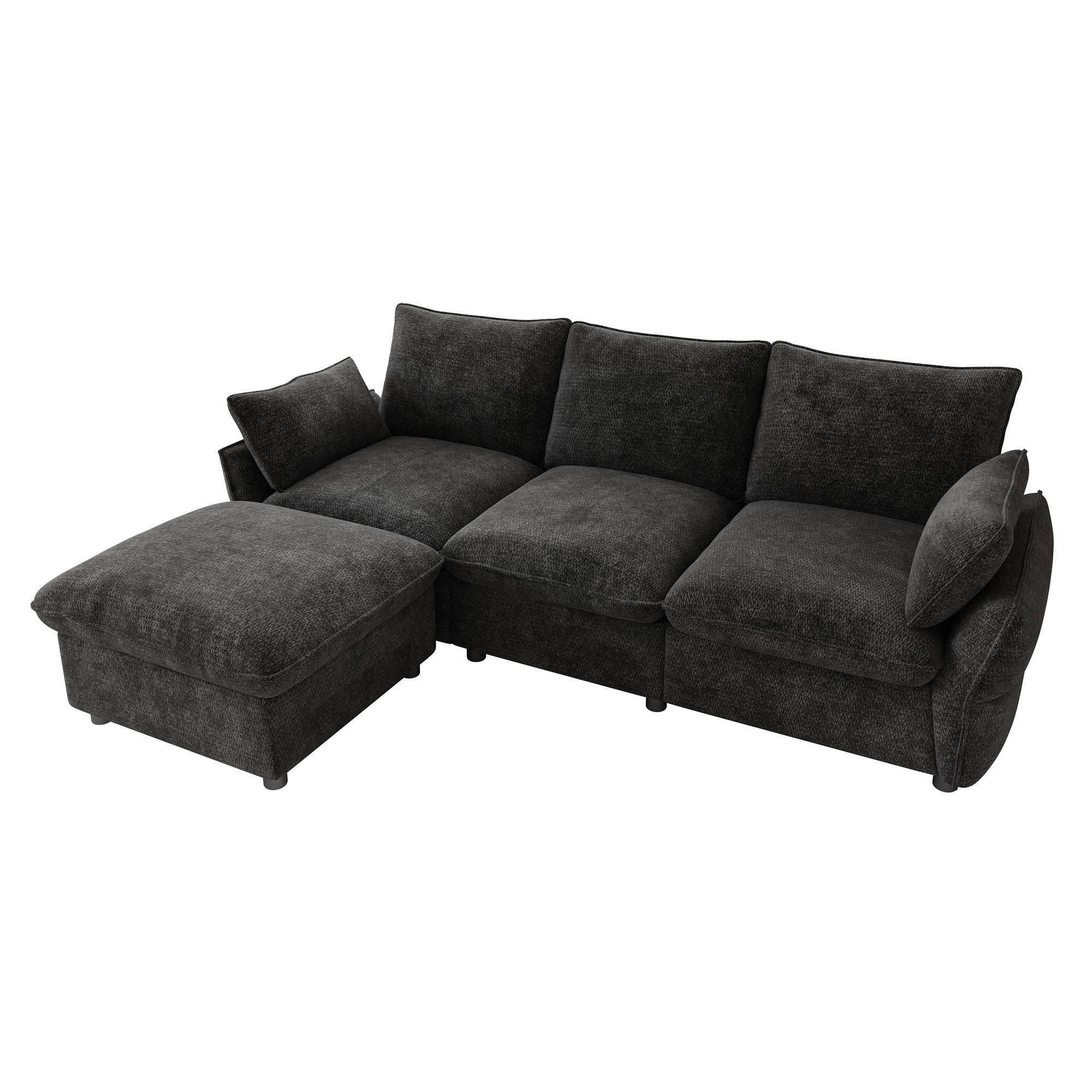 ECKSOFA mit Ottomane, Hocker und 2 Kissen aus Chenille in Dunkelgrau - Dunkelgrau, Textil (222.5/154.5cm) - EVRYAE
