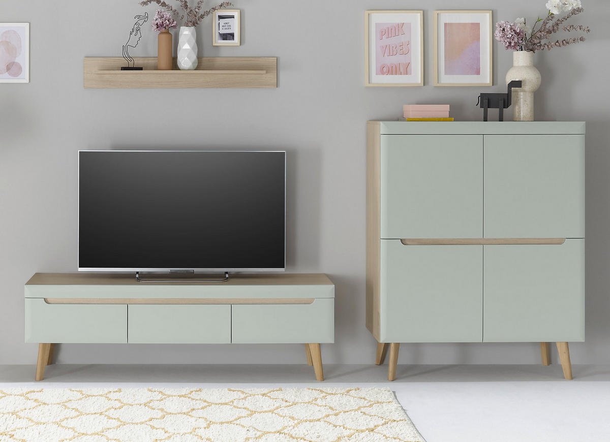 WOHNWAND 3-teilig pistazie grün, Eiche, skandinavisch 287 cm, Schrankwand mit Soft-Close - Eichefarben/Pastellgrün, Eichenholz/Holz (287/170/40cm) - Furn.Design