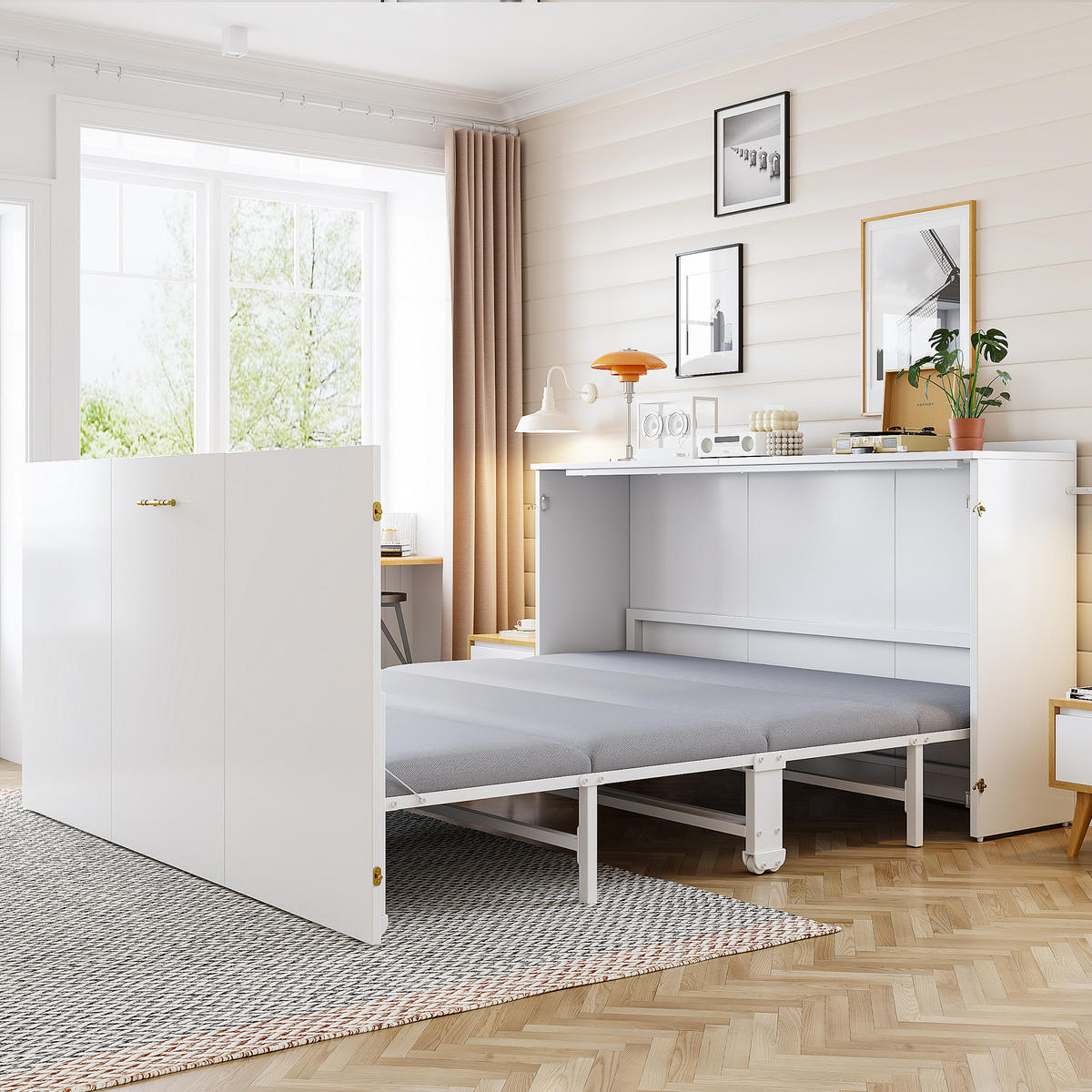 KLAPPBETT 140/200 cm in Weiß mit Rollen und Leinenmatratze - Weiß, Holzwerkstoff/Textil (140/200cm) - WISHDOR