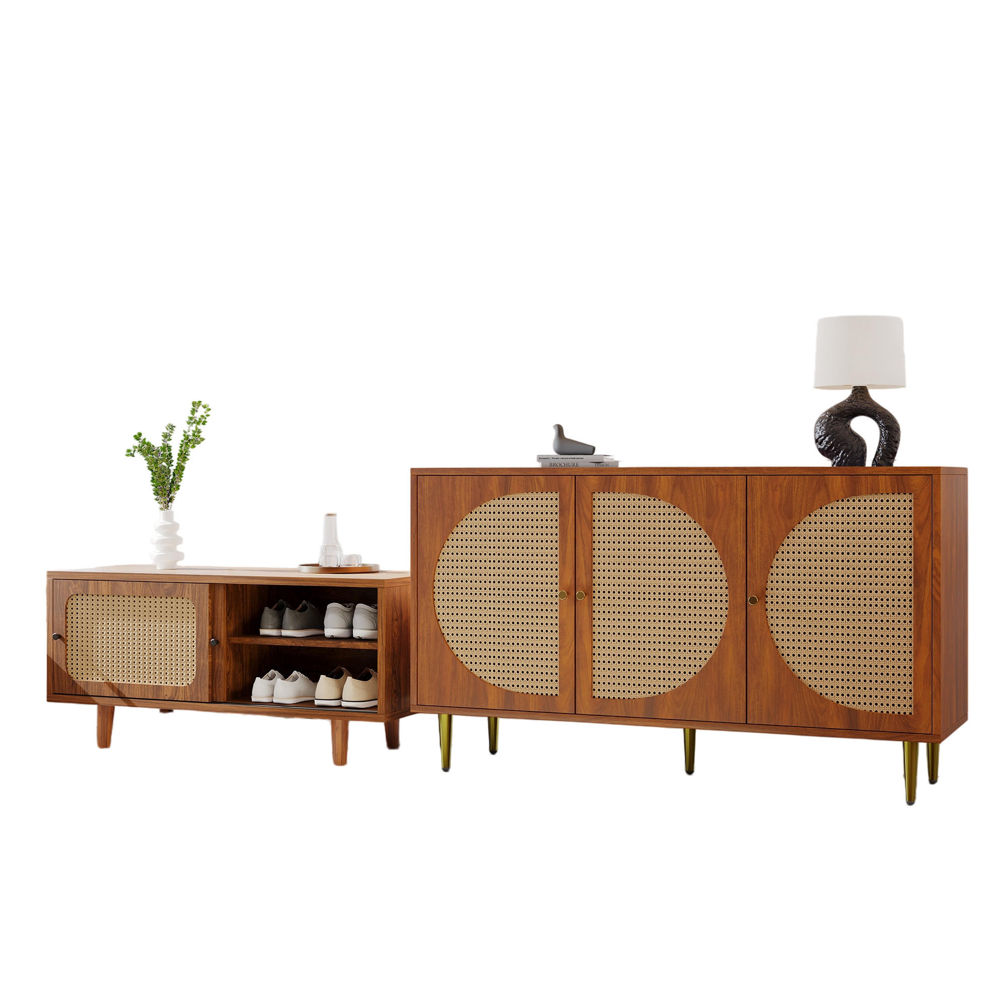 SIDEBOARD-SET DE-37473 Rattan mit Schuhschrank Walnuss - Walnussfarben, Holzwerkstoff (129.8/76/40cm) - ComfortXL