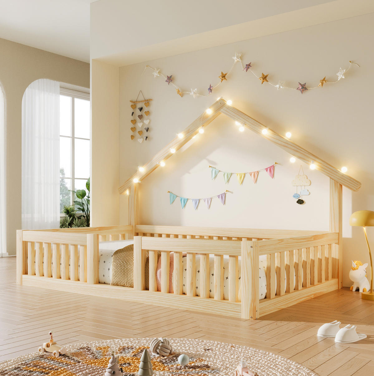 HAUSBETT 90x200 cm in Natur mit Rausfallschutz und LED-Lichterkette - Naturfarben, Holz (90/200cm) - IVMEU