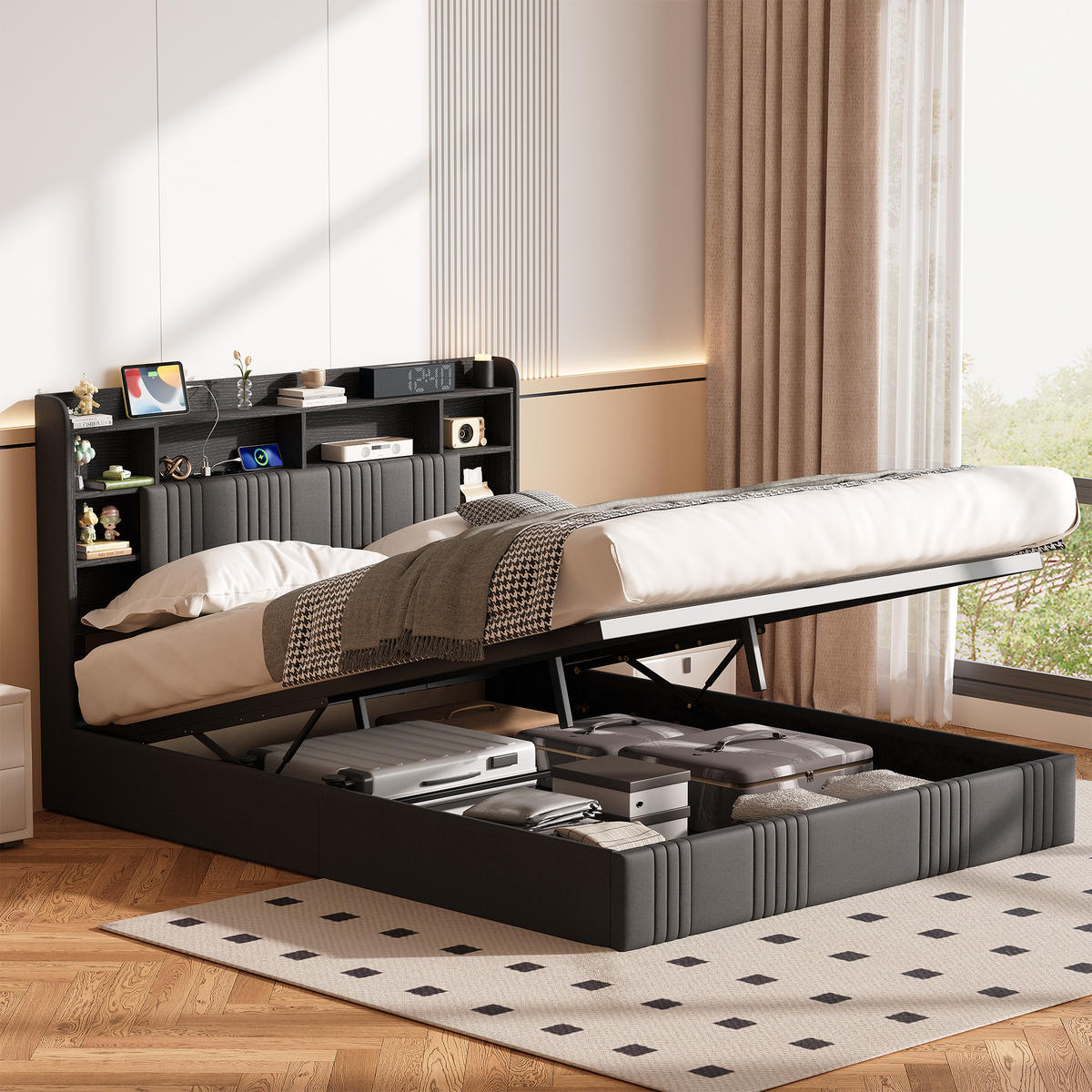 POLSTERBETT 140x200 cm Dunkelgrau Leinen mit Bettkasten, Hydraulik, LED RGB & USB Steckdose - Schwarz, Holz - SHOPENTRA