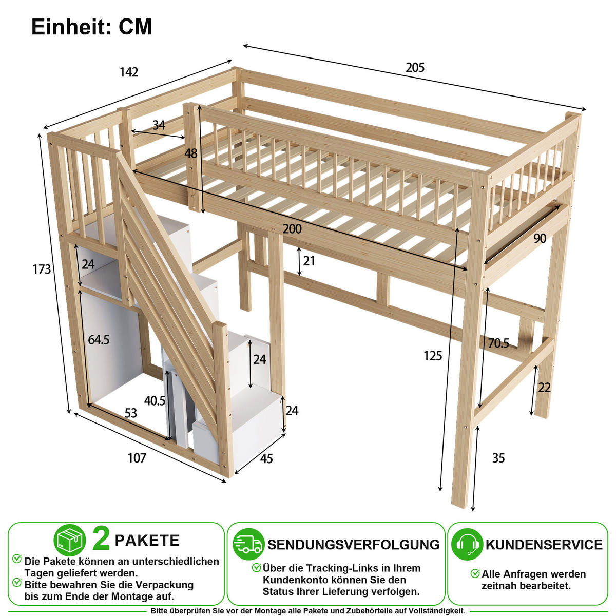 HOCHBETT 90/200 cm in Natur mit Stauraumtreppe - Naturfarben, Holz/Holzwerkstoff (90/200cm) - CHICFURN