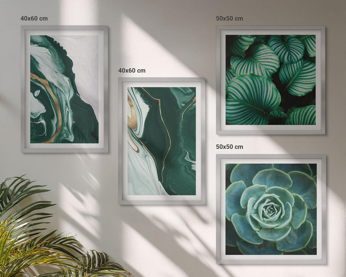 BILDER SET 4er Set - 50x50 cm & 40x60 cm Silberner Rahmen - Abstrakte Muster von Sukkulentenblättern - Silberfarben, Kunststoff (50/50cm) - TULUP