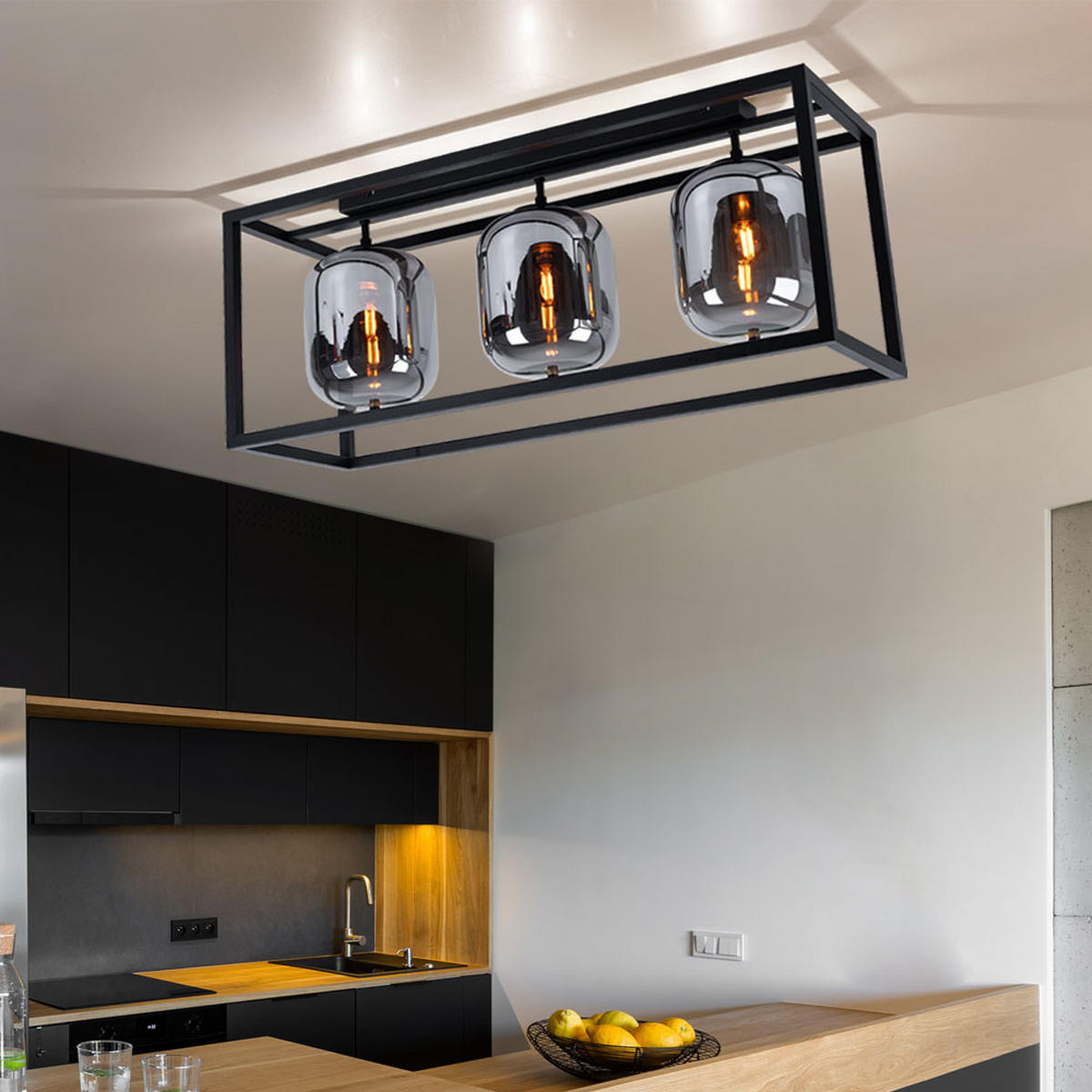 LED DECKENLEUCHTE BLACKY Metall Schwarz Glas - Schwarz, Holz (77.5/25/32.5cm) - Globo Lighting