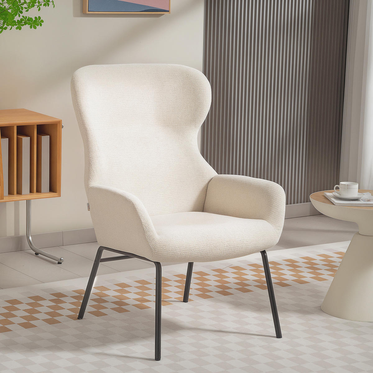 OHRENSESSEL Wohnzimmer Sessel Loungesessel Relaxsessel mit hoher Rückenlehne - Creme/Schwarz, Textil/Metall (70/103.5/74.5cm) - HOMCOM