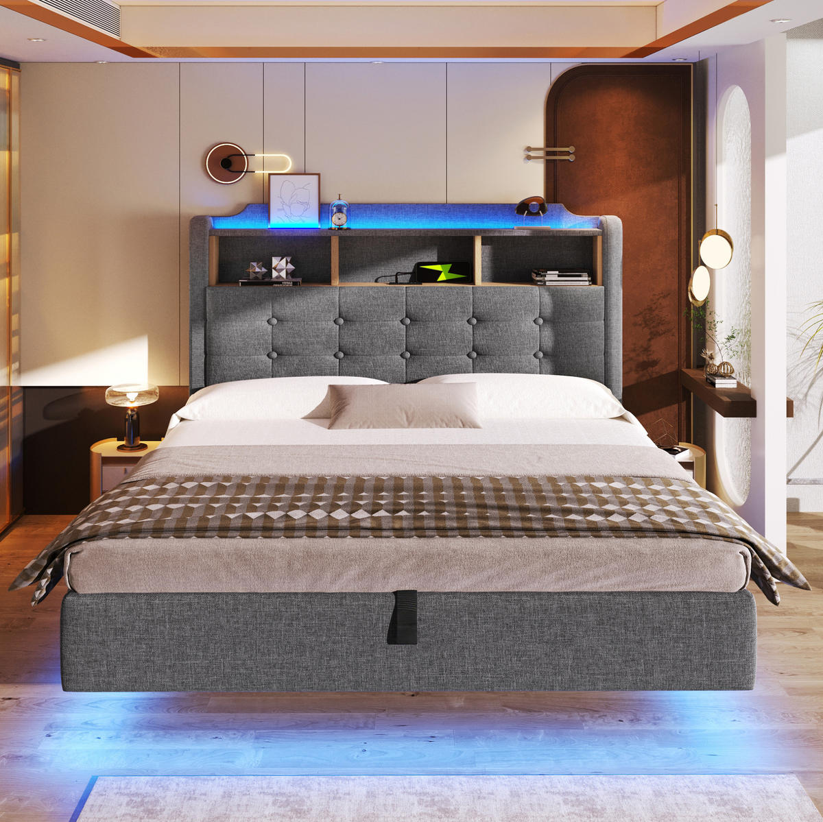 POLSTERBETT mit Stauraum und LED 140x200 cm Leinen Grau - Grau, Metall (140/200cm) - Meubliv