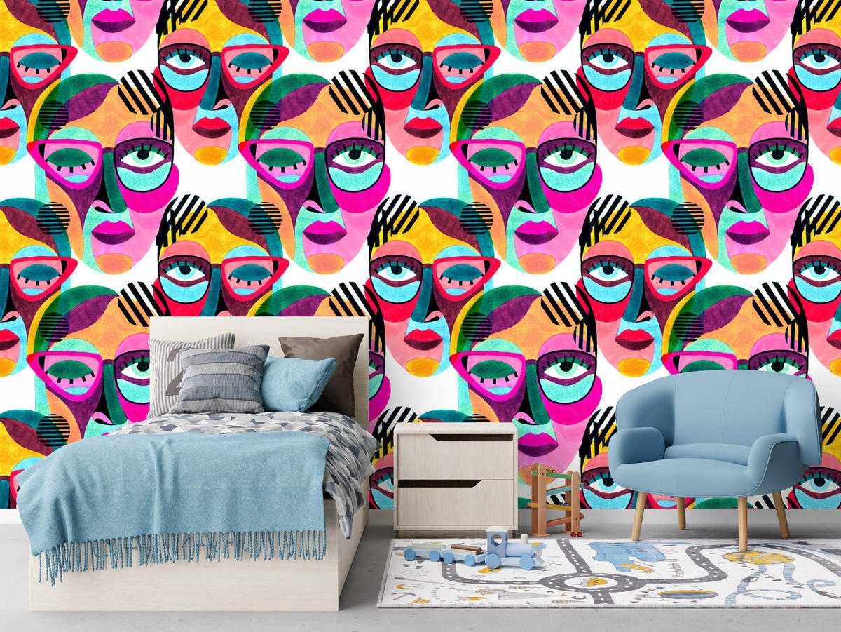 VLIESTAPETE Pop-Art-Gesichter – Bunt – 50x1000 cm - Multicolor, Papier (50/1000cm) - Muralo