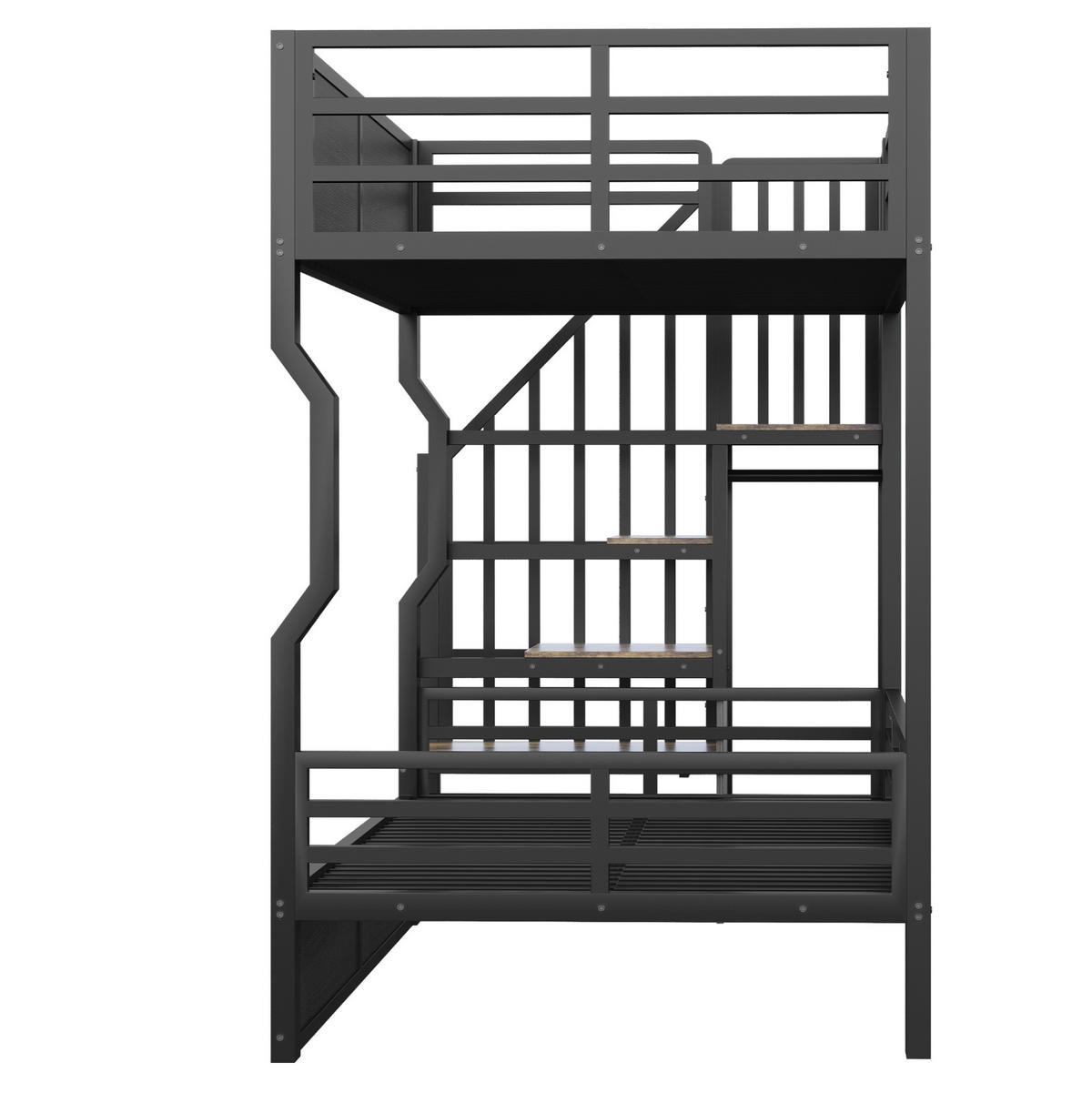 HOCHBETT 90/200 cm aus Metall und MDF mit LED-Beleuchtung, Stauraumtreppe und Sicherheitsgitter, Schwarz - Schwarz, Metall (90/200cm) - Redom