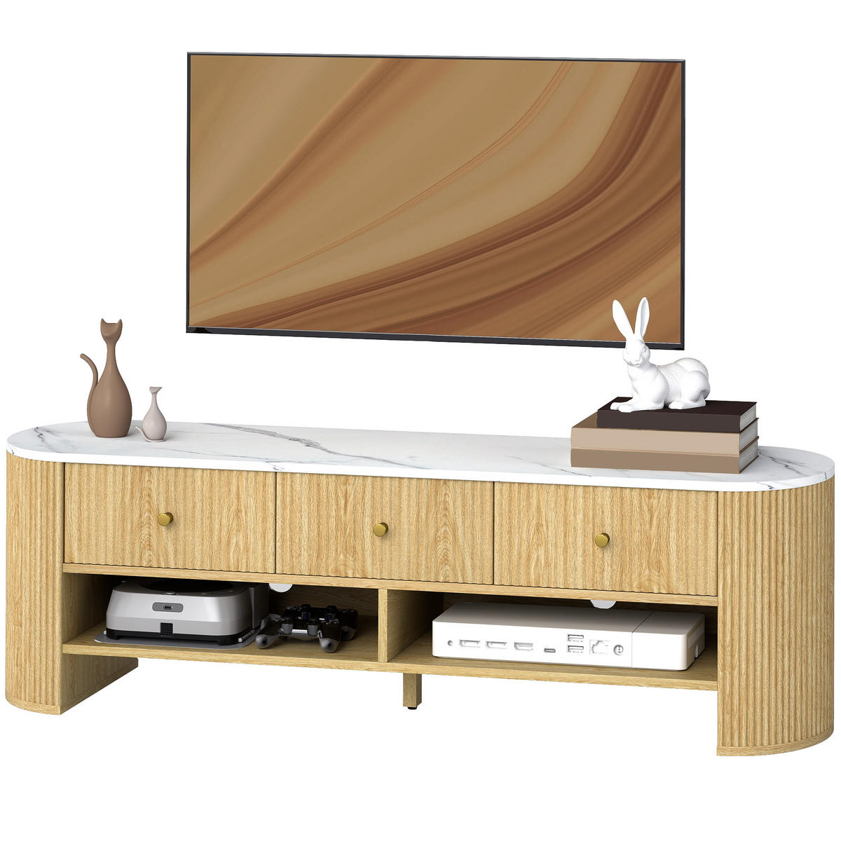 LOWBOARD Weiß/Natur 140/40/43 cm, Marmor-Optik, 3 Schubladen, Kabelmanagement - Naturfarben, Holzwerkstoff (140/43/40cm) - PANGIVO