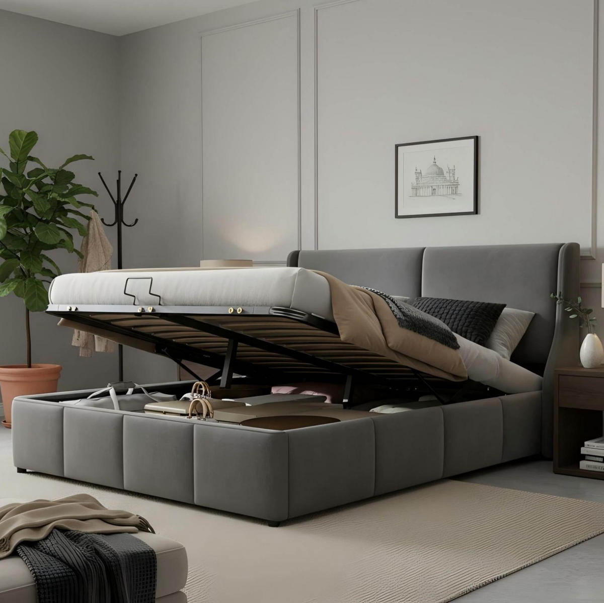 BETT mit Stauraum 140x200 cm Samt Gray - Grau, Metall (140/200cm) - Meubliv