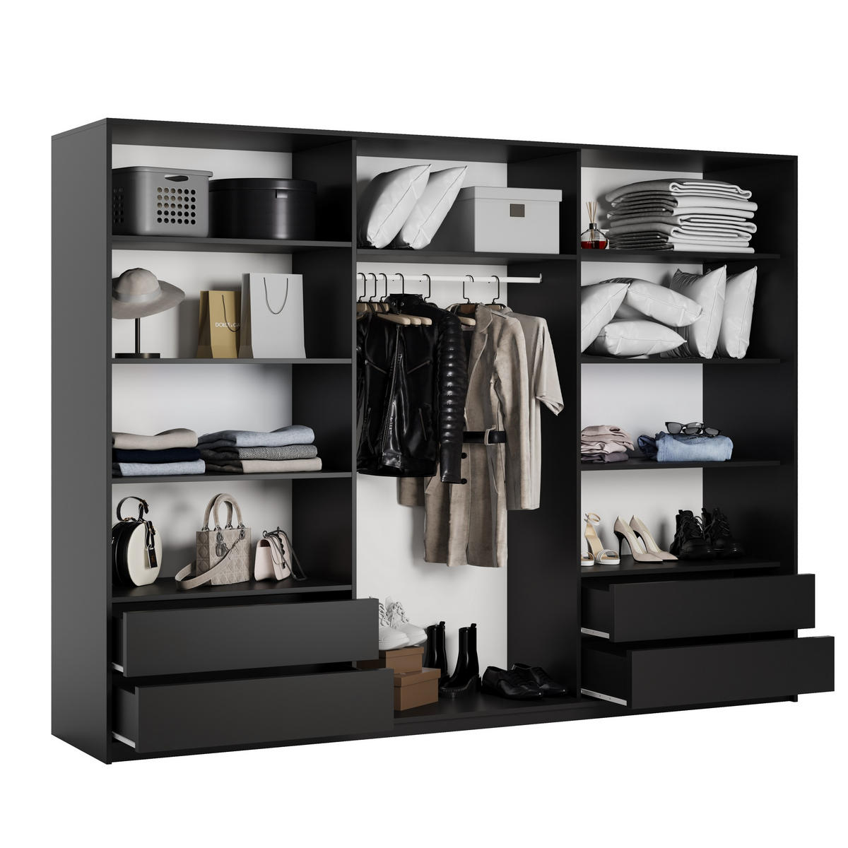 SCHWEBETÜRENSCHRANK TAVI 270/205/60 cm 3-türig mit Spiegel Schwarz - Schwarz, Holzwerkstoff (270/205/60cm) - MASSENO