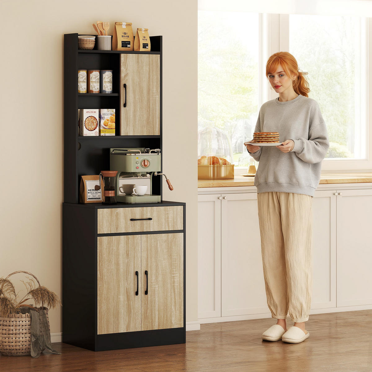 KÜCHENSCHRANK Hochschrank mit 3 Türen, Schublade, Mikrowellenablage, Kabelloch - Schwarz, Holzwerkstoff (40/180/60cm) - HOMCOM