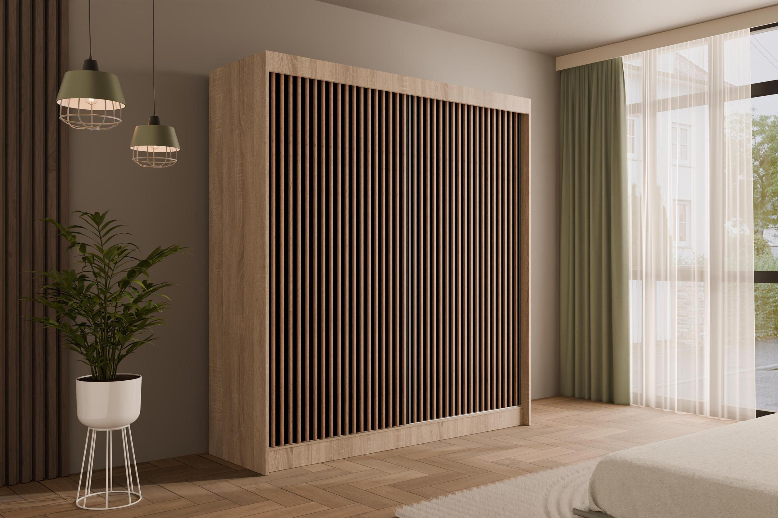 KLEIDERSCHRANK mit Lamel-Schiebetüren VILANv2 - 200 cm Sonoma Eiche + Lamelle Eiche Wotan - Eiche Wotan/Sonoma Eiche, Holzwerkstoff (200/215/61cm) - ALTDECOR