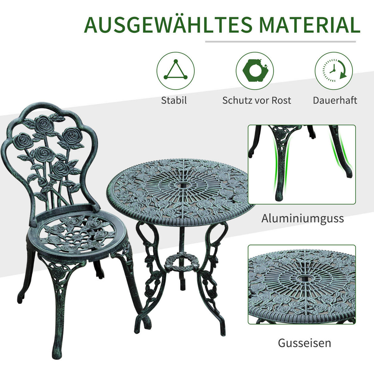 BISTROSET Ø60/69 cm mit 2 Stühlen, Antik-Look aus Metall, Grün - Grün, Metall - Redom