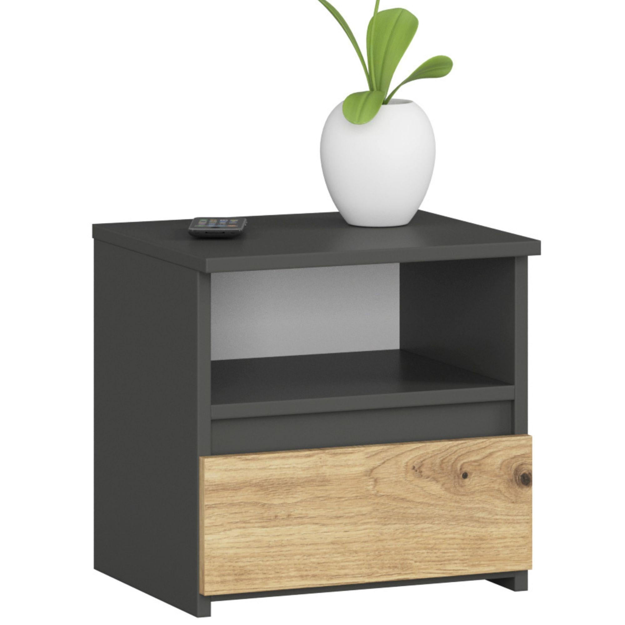 NACHTSCHRANK Grau, Eiche Artisan 40x35x40 cm - Weiß Hochglanz/Eiche Artisan, Holzwerkstoff (40/40/35cm) - Akord