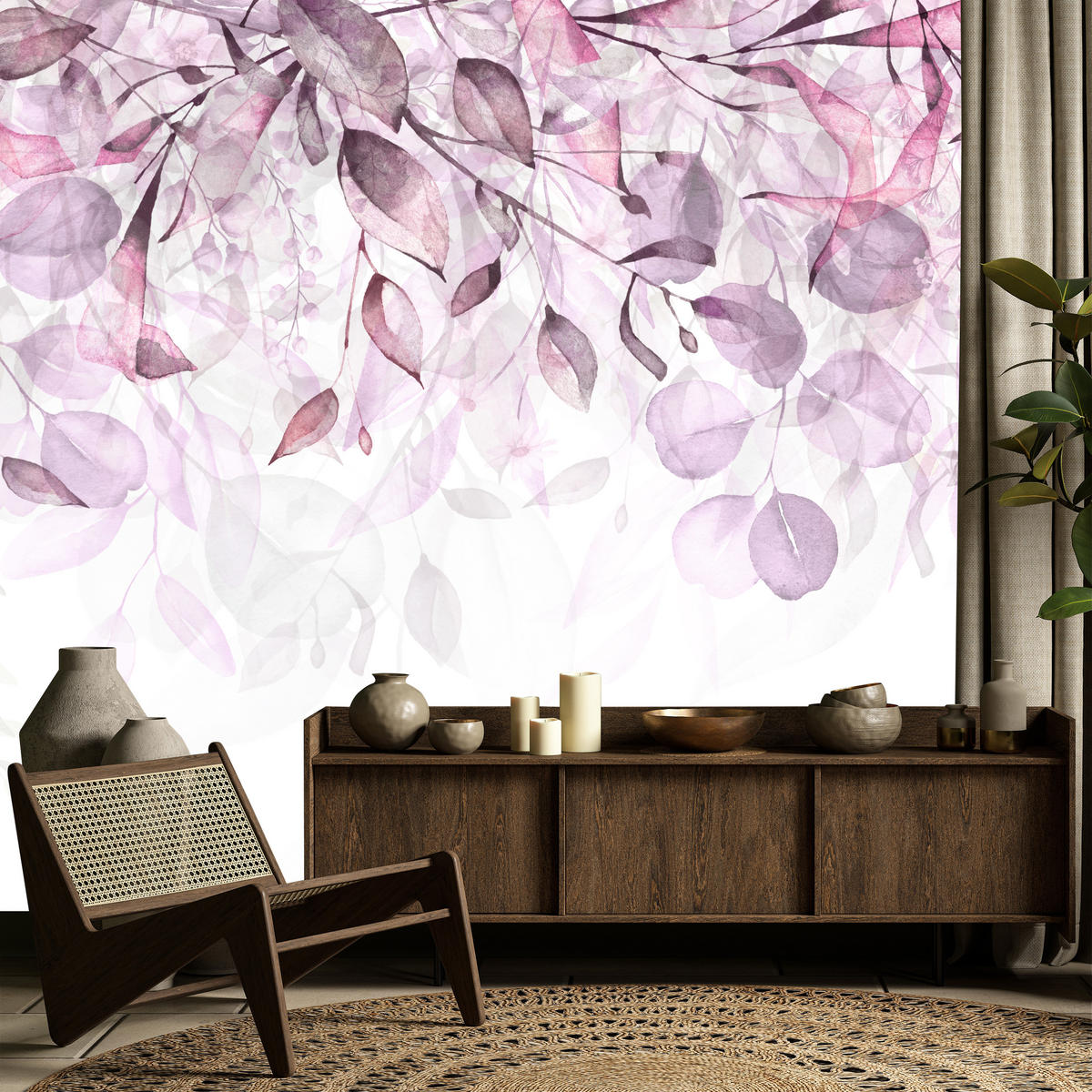 FOTOTAPETE für Schlafzimmer Aquarell Zarte Rosa Blätter Botanisch 450x315 - Violett/Weiß, Papier (450/315cm) - Muralo