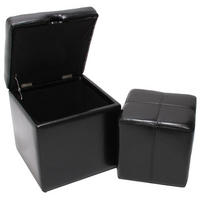 SITZHOCKER 2er Set Aufbewahrungsbox Small Lars 45x44x44cm Schwarz Leder + Kunstleder - Schwarz, Kunststoff (44/45/44cm) - BERLINLODGE