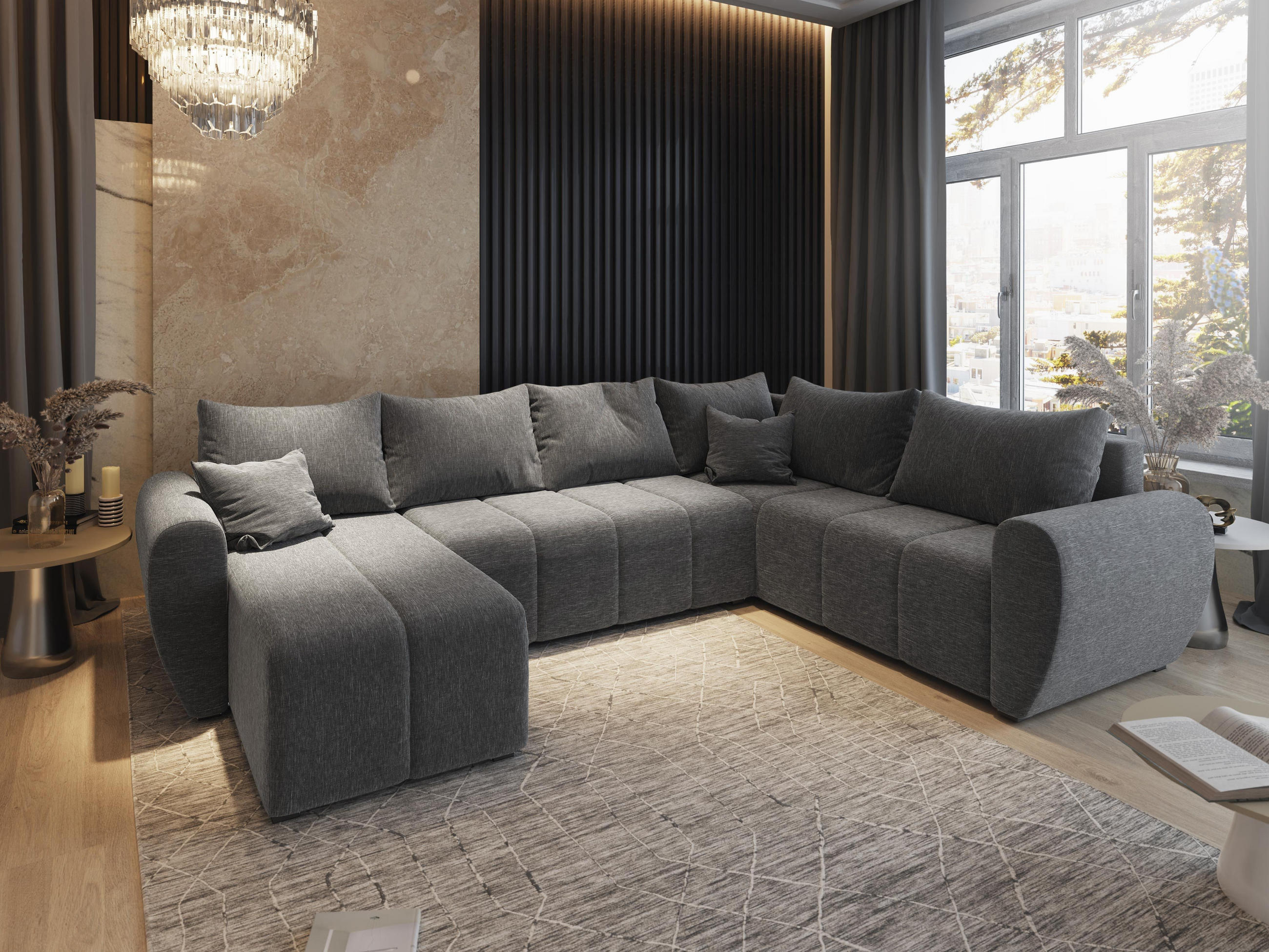 WOHNLANDSCHAFT MADISON XL R-S Hellgrau Dünner Stoff mit Schlaffunktion - Hellgrau, Holz (303/82/208cm) - MASSENO