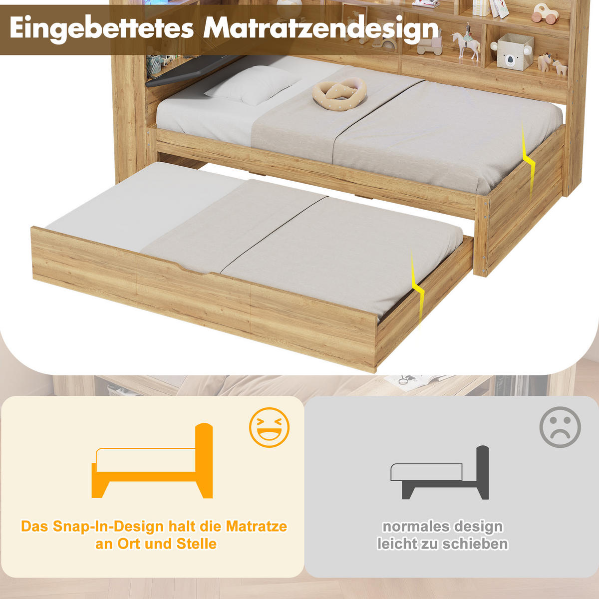 KINDERBETT Natur 90x200 LED USB Ausziehbett Stauraum Holz - Naturfarben, Holzwerkstoff (90/200cm) - FLIEKS