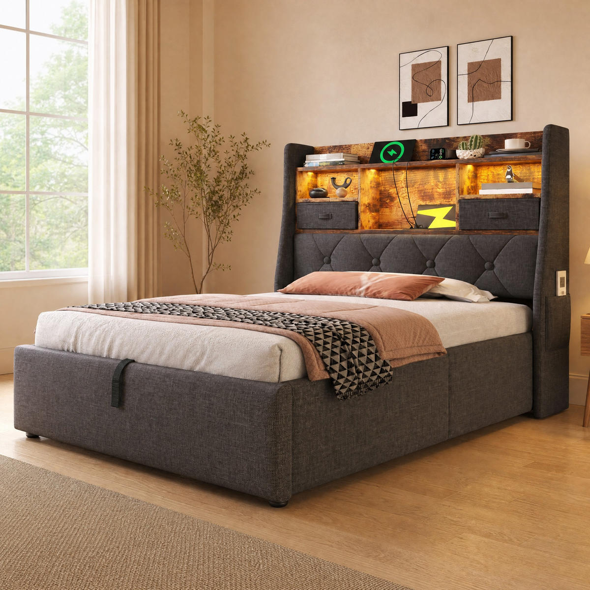 POLSTERBETT 90/200 cm in Grau mit Bettkasten, LED und USB Leinen Retro-Design - Grau, Holzwerkstoff/Textil (90/200cm) - STILVORA