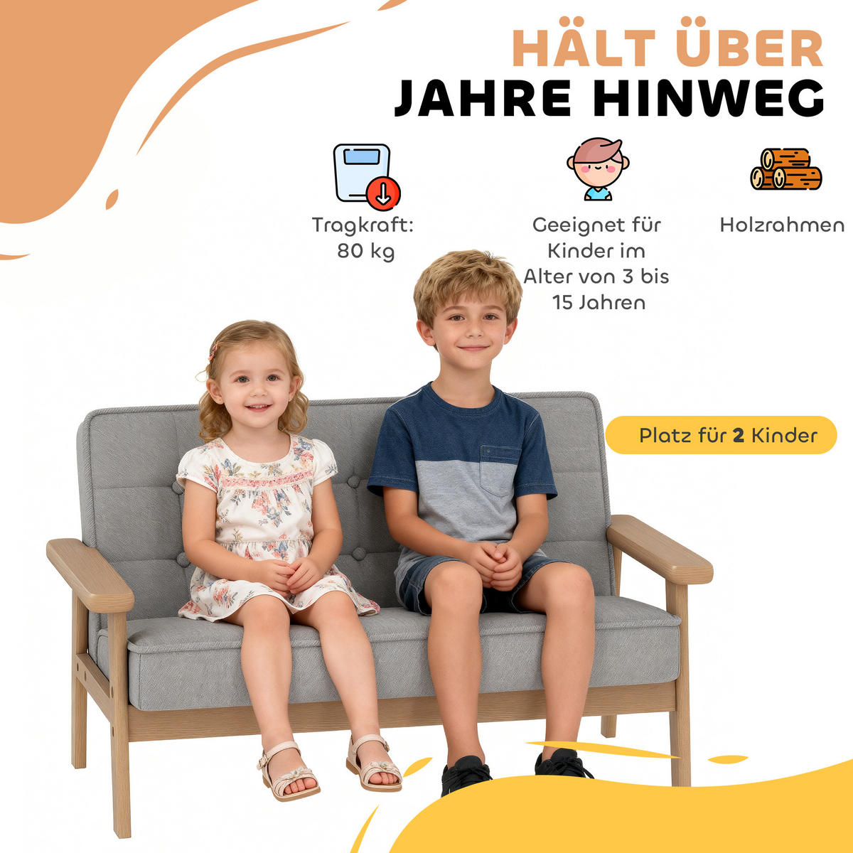 KINDERSESSEL, Kindersofa mit Holzrahmen, Samtoptik, gepolsterter Kinderstuhl - Naturfarben/Grau, Holz/Textil (42/48/77cm) - AIYAPLAY