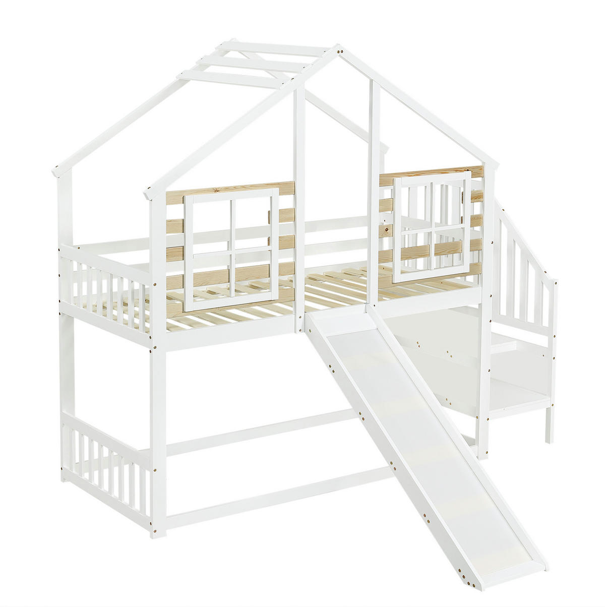 ETAGENBETT mit Rutsche und Treppe 90x200 cm Weiß und Natur - Weiß, Holzwerkstoff (90/200cm) - Beauniv