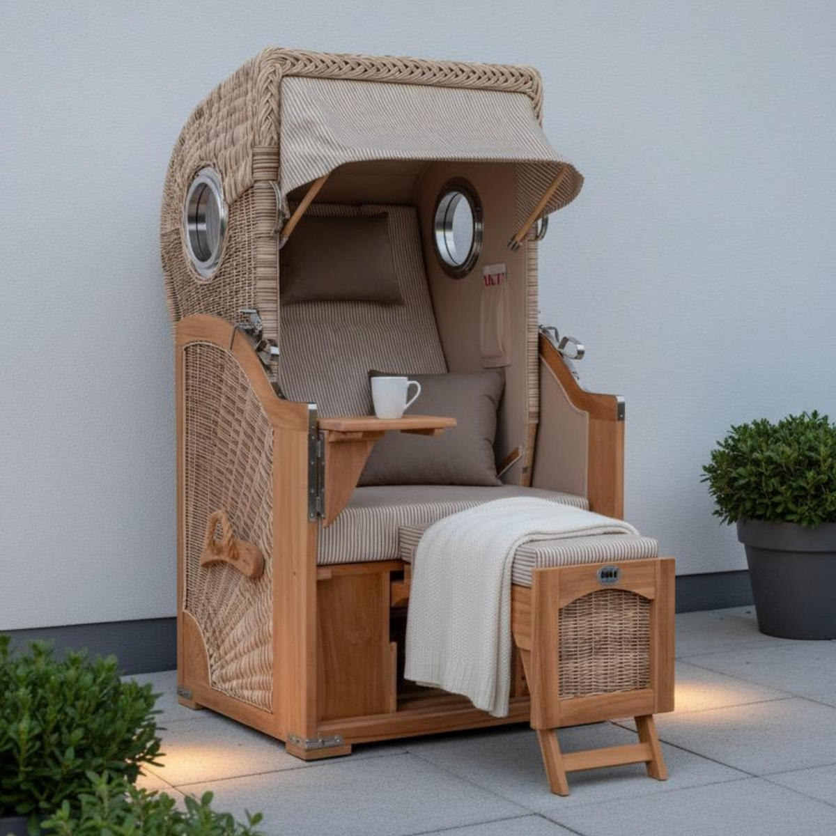 STRANDKORB Düne 1 Sitzer Teak PE Shell - Beige/Braun, Holz/Textil (96/165/80cm) - Mr. Deko