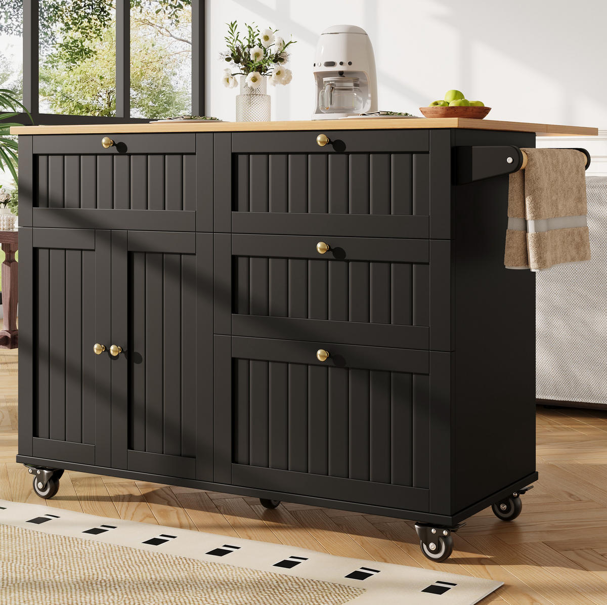 KUCHYNSKÝ ostrovček z MDF 133x70x88 cm čierny s kolieskami, nastaviteľnými nožičkami a úložným priestorom - čierna, kompozitné drevo (133/88/37cm) - Modfu