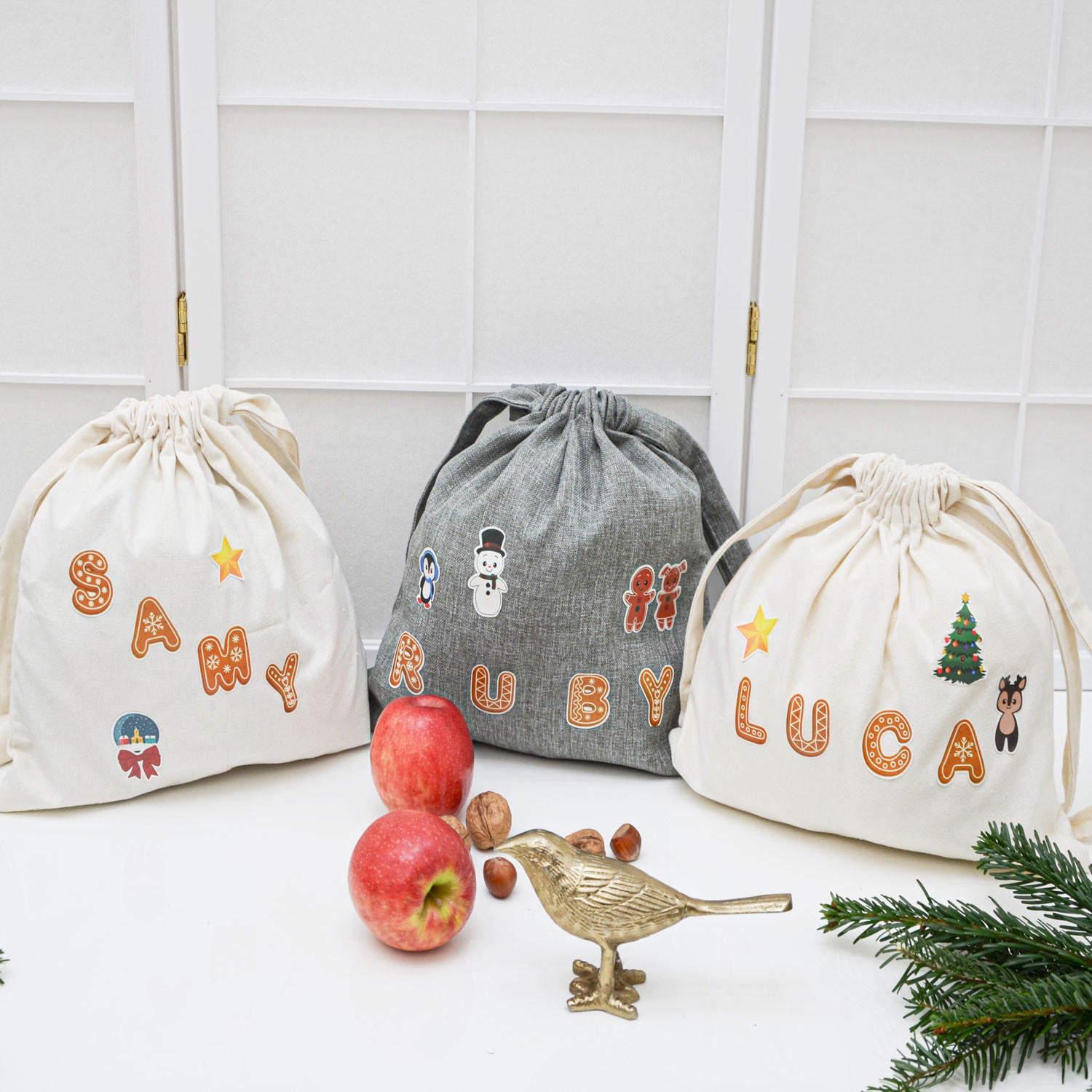 WEIHNACHTS-GESCHENKBEUTEL, 32/32 cm, Stoffbeutel, 300 Aufkleber, 2er Set - Grau, Kunststoff (32/1/32cm) - Dunedesign