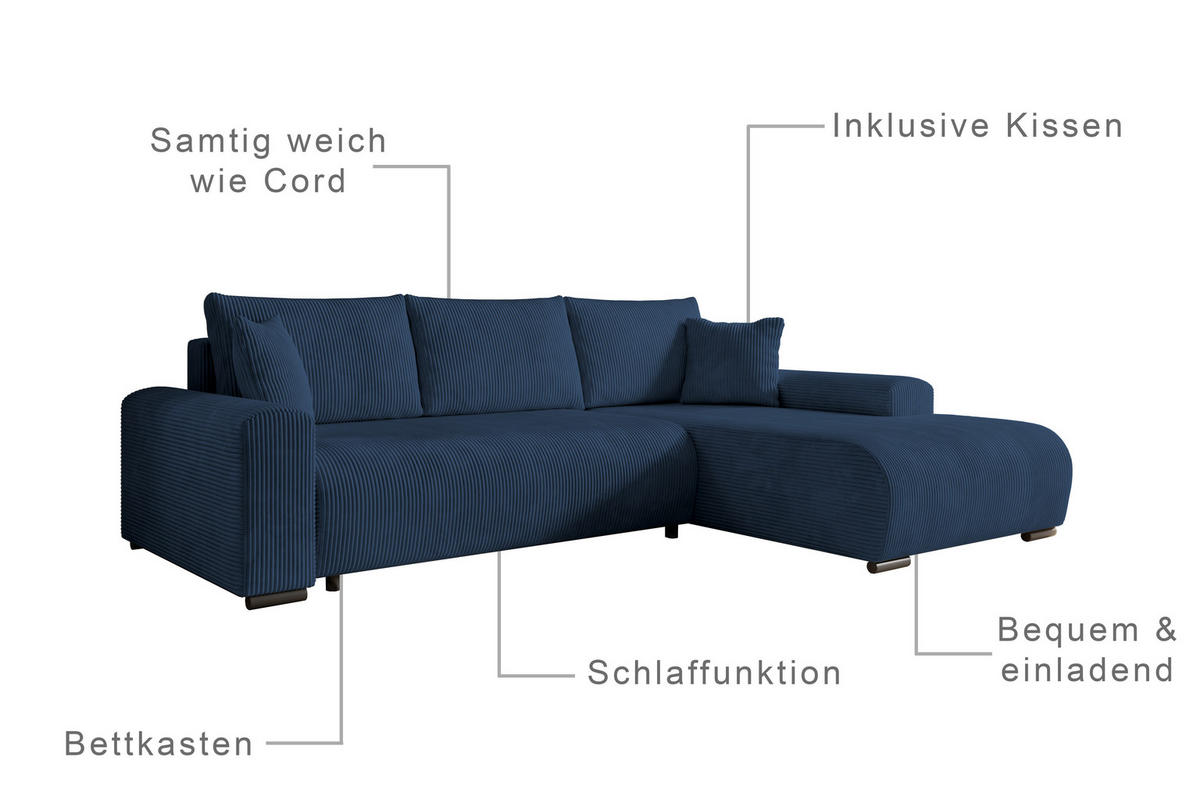 ECKSOFA Nelly mit Bettkasten und Schlaffunktion, Cordstoff in L-Form - Blau, Textil (270/185cm)